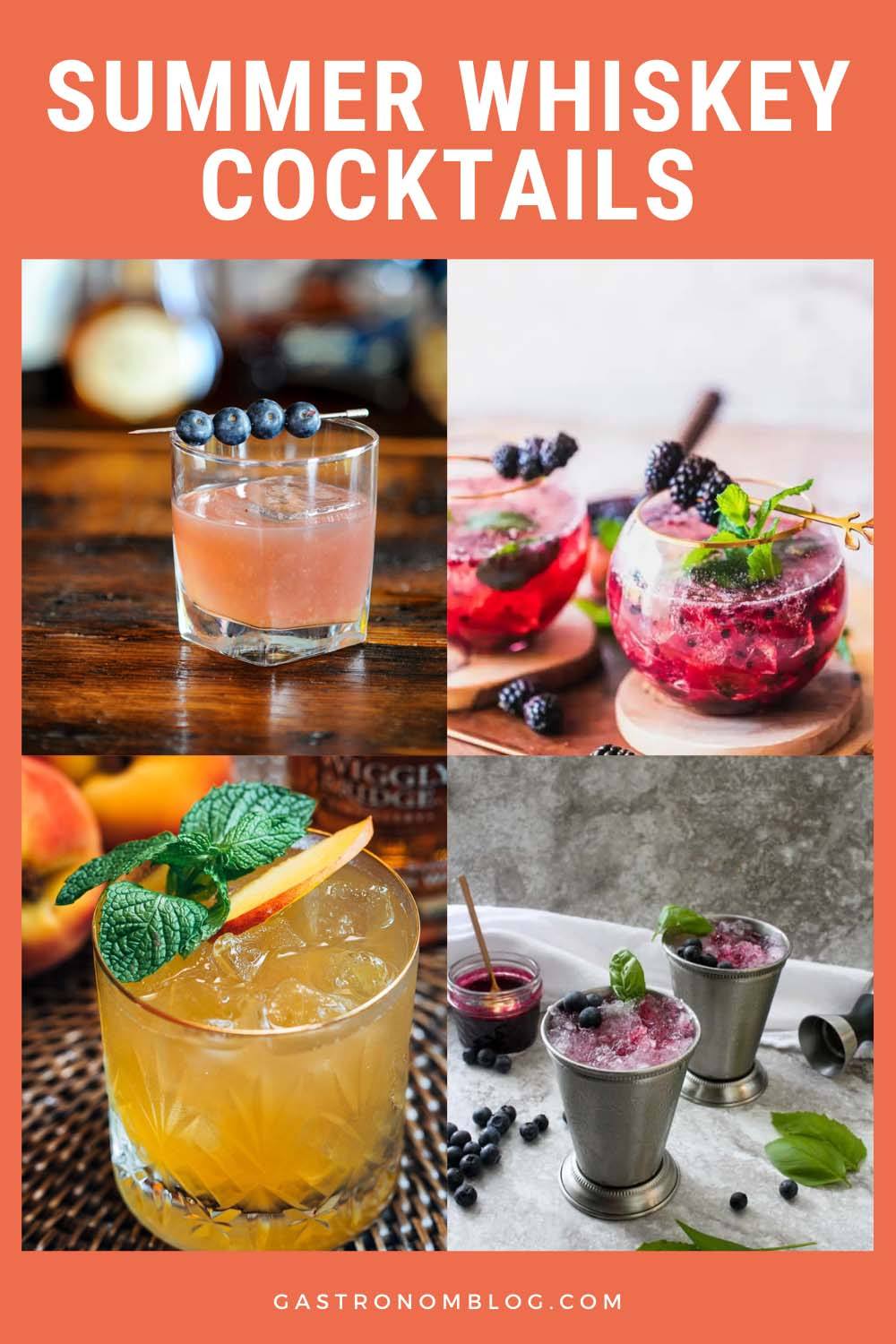 Collage of summer whiskey cocktails, orange, pink and purple