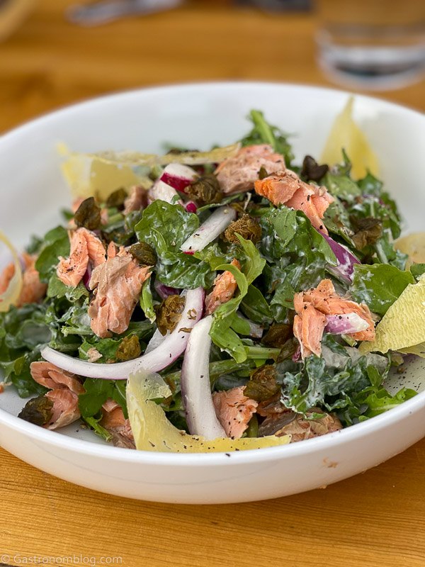 trout salad in white bowl at Boulder Mountain Guest Ranch and Sweetwater Kitchen