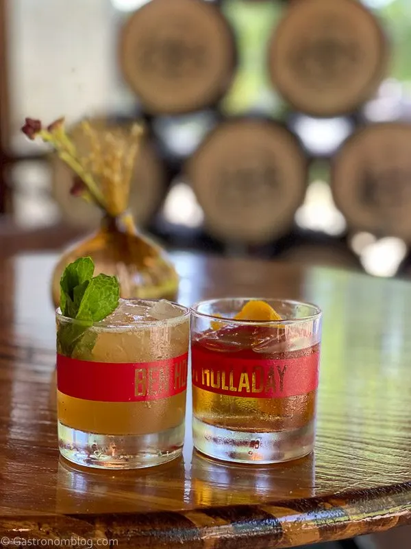 Ben Holladay branded glasses with bourbon cocktails at Holladay Distilling