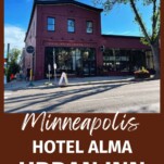 Red building with 2 stories on left side and 1 on right - Hotel Alma Minneapolis