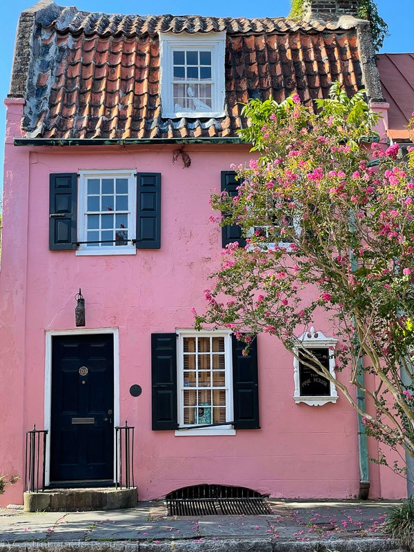 Pink house with tile roof in Charleston, South Carolina
