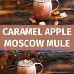 Copper Moscow mule mug with crushed ice and garnished with a caramel and candied ginger on a pick. Caramels and ginger in front of mug, orange flowers in background