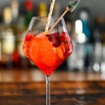 Red Aperol Spritz cocktail in wine glass with cranberries, ice cubes and orange slices.