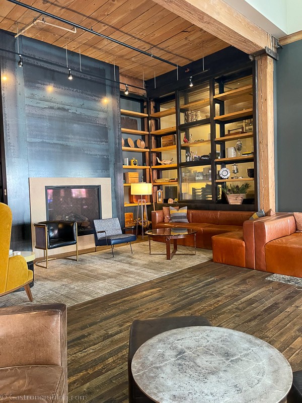 Library area in front lobby at Hewing Hotel Minneapolis