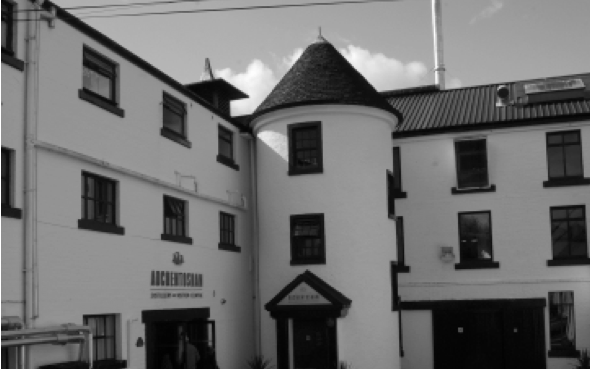 white building at Auchentoshan distillery in Scotland
