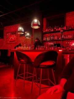 Bar at Anna's Place Omaha, bar stools with red light