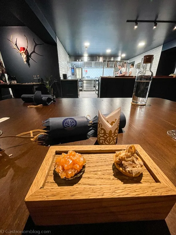 salmon tartare appetizers on wooden box at Killiecrankie House