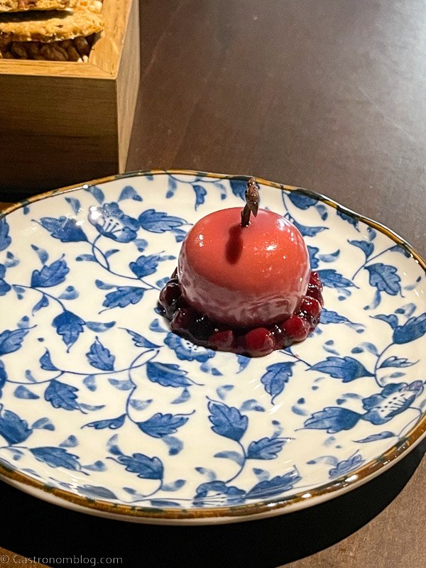 Cheese and port mirror glossed cherry on white and blue plate at Killiecrankie House