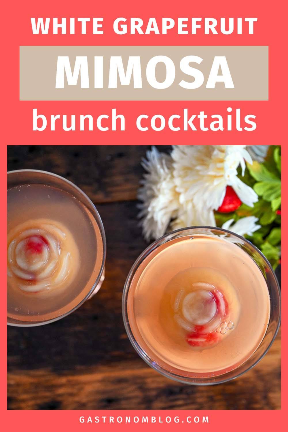 White Grapefruit mimosa in coupe with bronze stem, pink cocktail with white and red ice cube