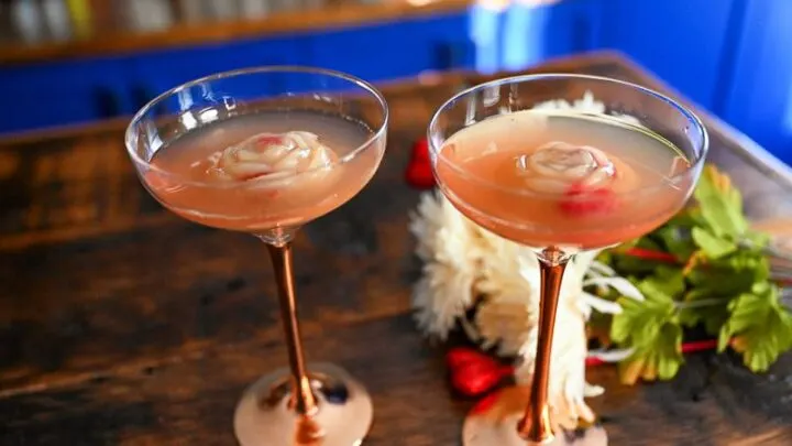 White Grapefruit mimosa in coupe with bronze stem, pink cocktail with white and red ice cube