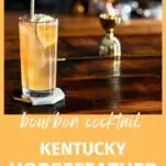 tan Kentucky Horsefeather Cocktail in tall glass with rose etched, lime slice and straw