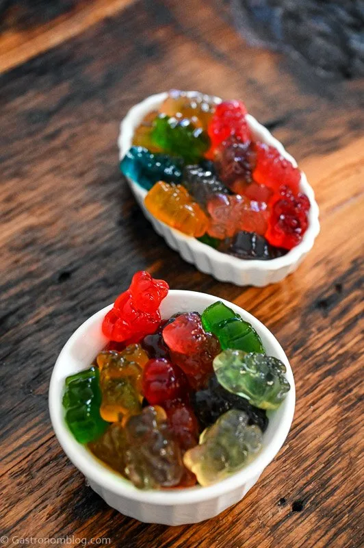 colorful gummy bears in white ramekins