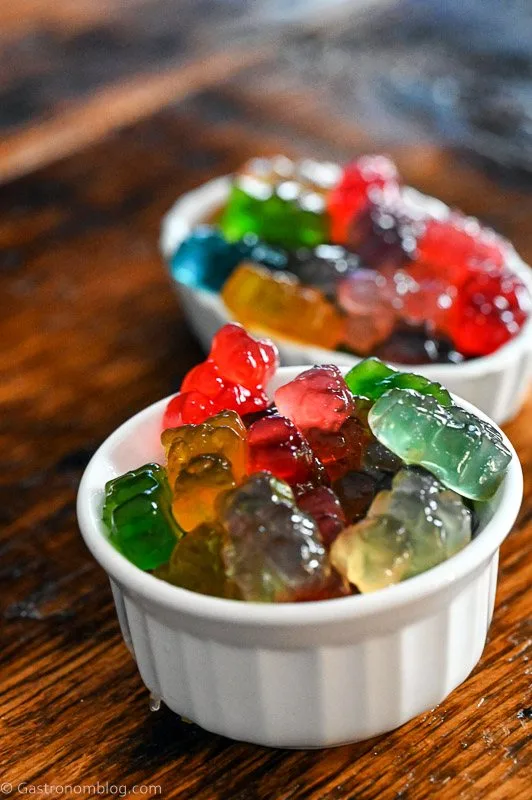 colorful gummy bears in white ramekins