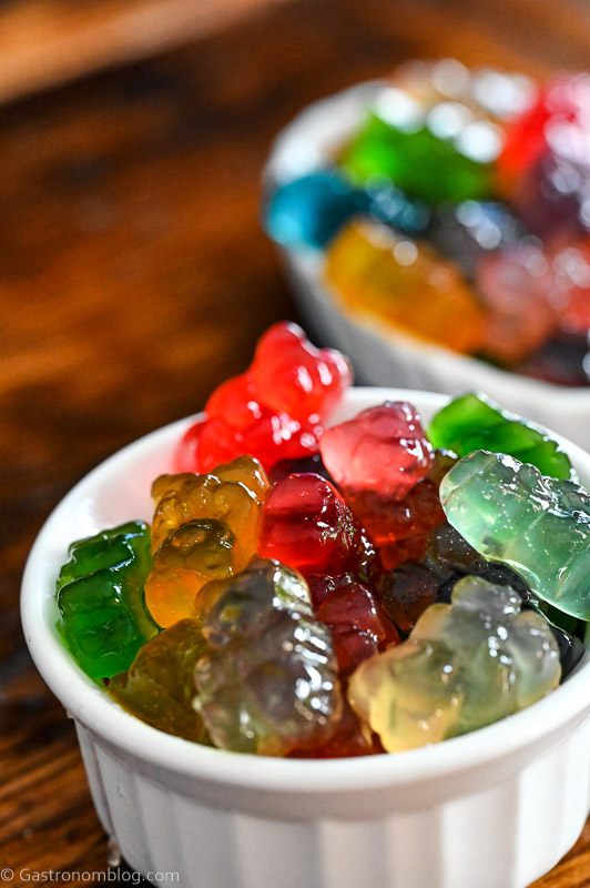 colorful gummy bears in white ramekins