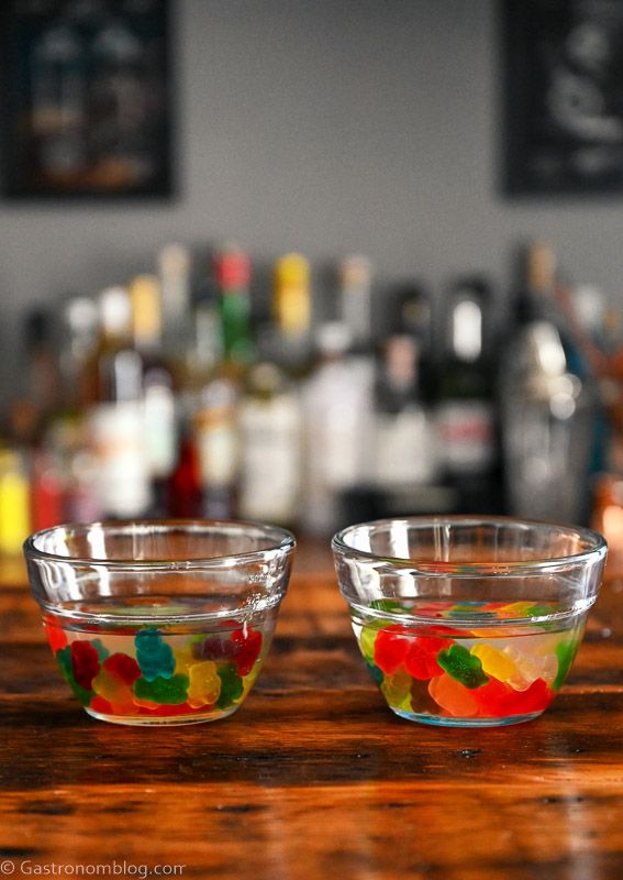 colorful gummy bears in glass bowls