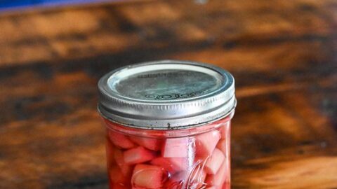 Rhubarb infused vodka, pink liquid in a glass jar