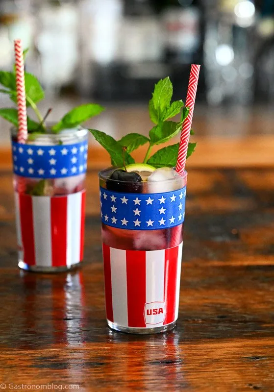 Cherry Mojitos in flag printed glasses with mint and red straws