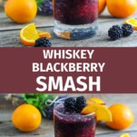 Purple Whiskey Blackberry Smash in rocks glass. oranges and blackberries around glass