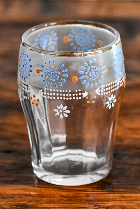 blue, white and orange painted flower glass - part of our vintage glassware collection