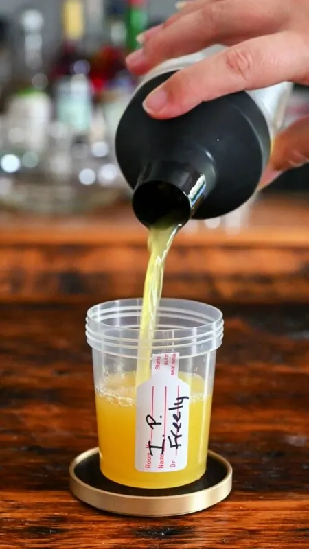 cocktail shaker pouring yellow Specimen cocktail in specimen container with green lid