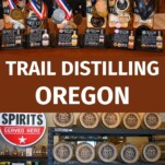 racks of small barrels at Trail Distilling Oregon and bottles at the distillery