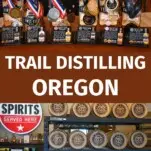 racks of small barrels at Trail Distilling Oregon and bottles at the distillery