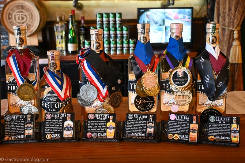 bottles with medals at Trail Distilling