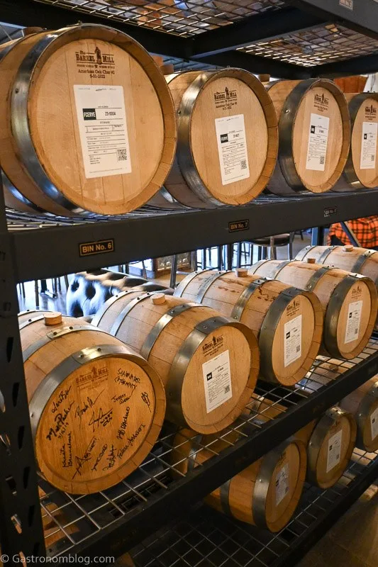 racks of small barrels at Trail Distilling Oregon