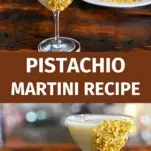 Light green Pistachio Martini Recipe in a coupe with pistachios on rim