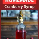 Red cranberry simple syrup in bottle, cranberries around bottle