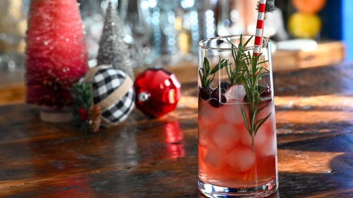 red ornament cocktail in tall glass with ice, rosemary sprigs and cranberries. ornaments and tree bottle brushes behind
