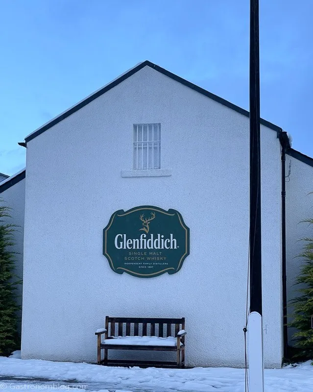 white building with Glenfiddich sign at Glenfiddich Distillery