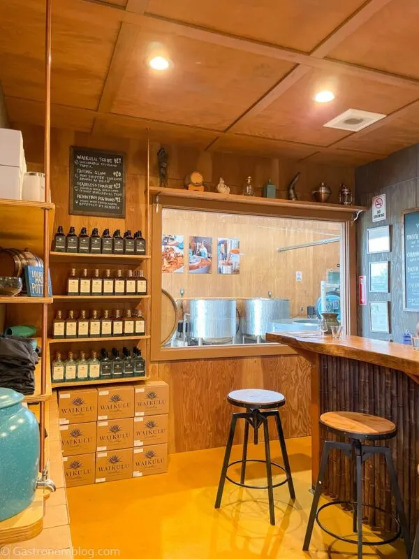 inside wooden lined tasting room at Waikulu Distillery on Maui