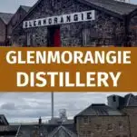 stone warehouses at Glenmorangie Distillery with Glenmorangie Distillery painted on wall in black and white, red doors and cloudy sky