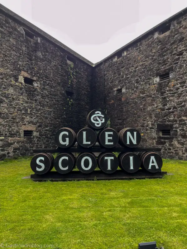 stacked barrels spelling out "Glen Scotia" at Glen Scotia Distillery