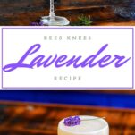Yellow cocktail in clear cocktail coupe. This Lavender Bees Knees has a lavender sprig garnish, is on a coaster on a wooden table.