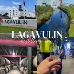 White distillery building at Lagavulin, on the isle of Islay, Scotland. Brick smokestack behind