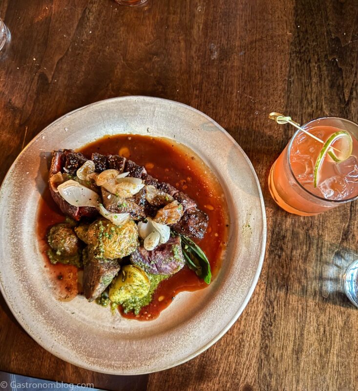 overhead shot of steak and veggies on plate at Fox & Pearl Kansas City