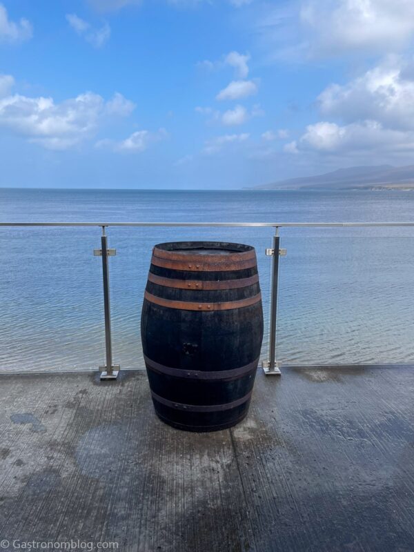 view of barrel on balcony at Bunnahabhain Distillery