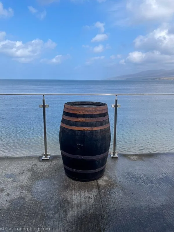 view of barrel on balcony at Bunnahabhain Distillery