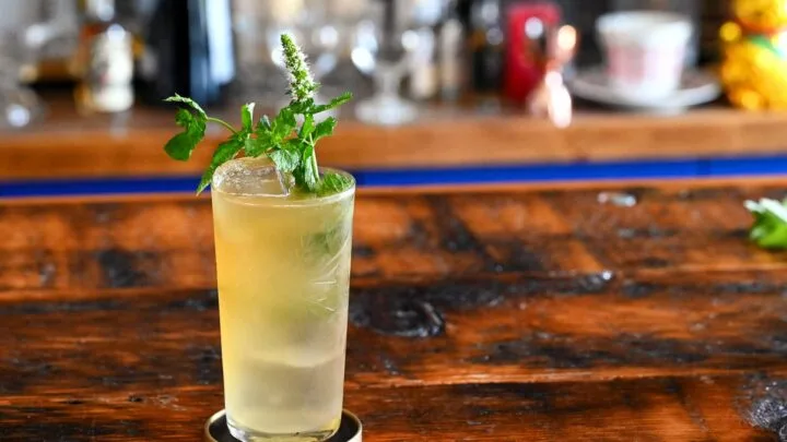 tan Earl Grey Gin Cocktail in tumbler with mint sprig garnish on wooden table