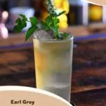 tan Earl Grey Gin Cocktail in tumbler with mint sprig garnish on wooden table