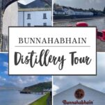collage of pictures from Bunnahabhain Distillery, white buildings and ocean views