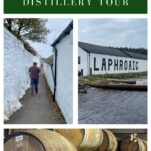 collage of pictures from Laphroaig Distillery in Islay, Scotland - white buildings and stacked barrels