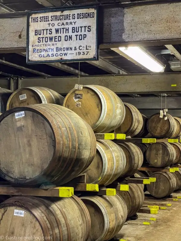 barrels stacked at Laphroaig Distillery